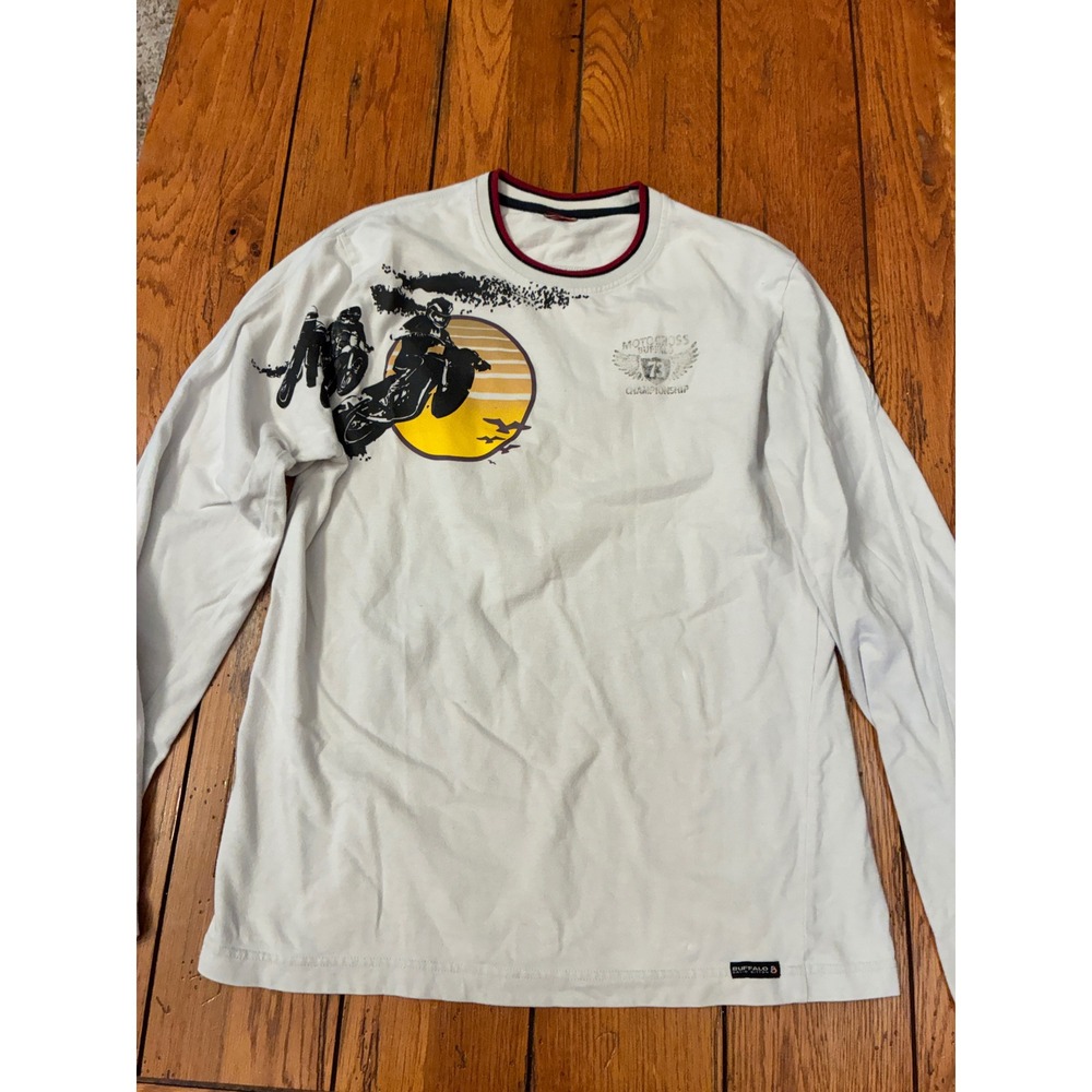 Buffalo David Bitton Mens White Motocross Graphic Long Sleeve T-Shirt